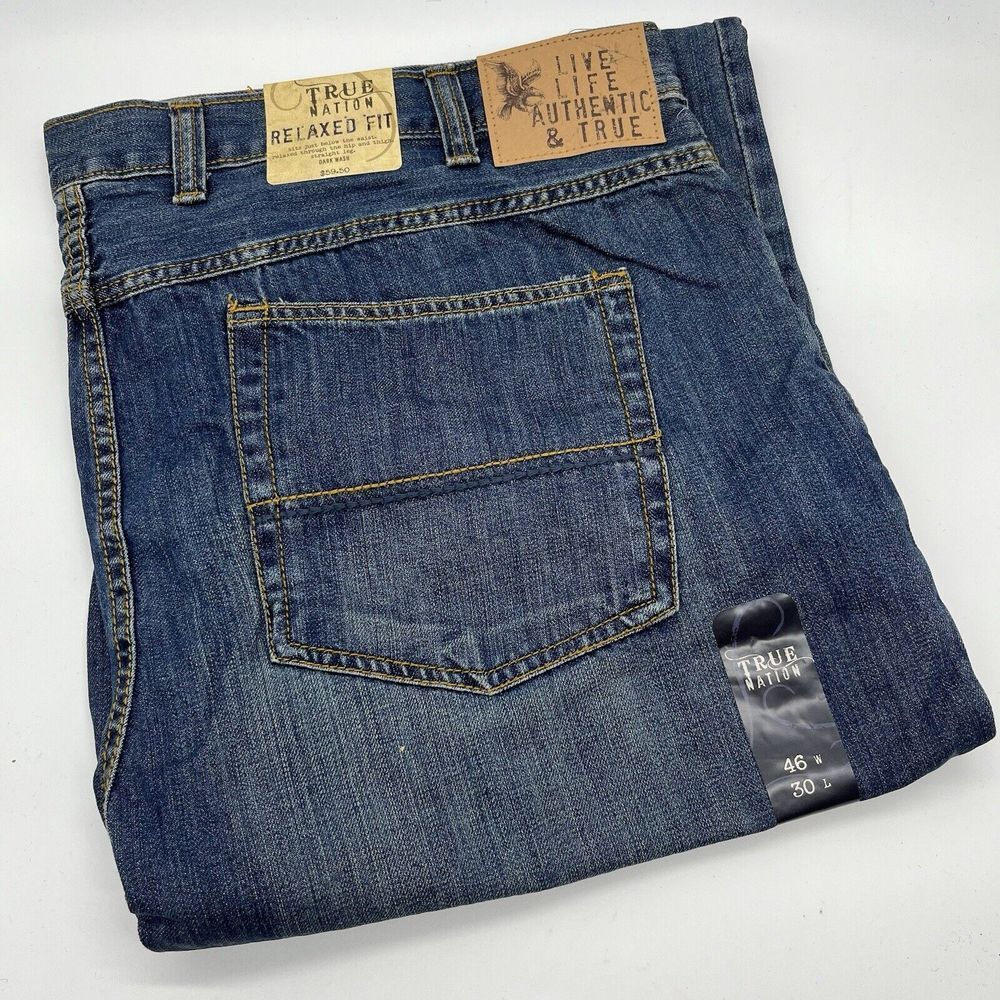 New True Nation Mens 46x30 Straight Leg Relaxed Fit Dark Wash Cotton Denim Jeans